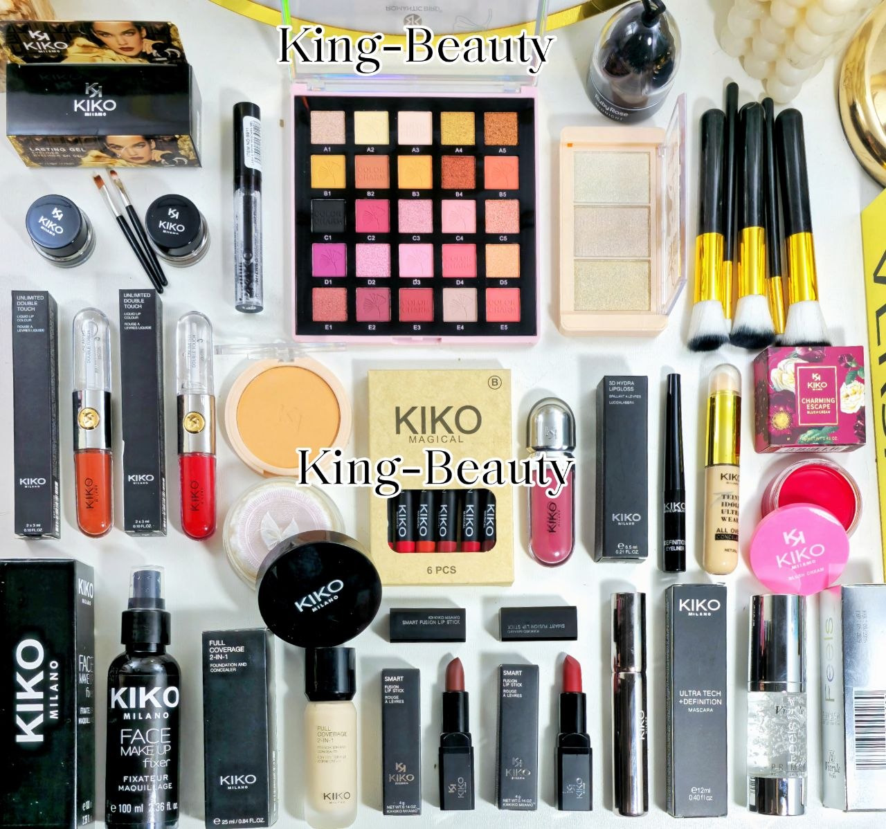 بوكس KIKO Milano الأصلي ✨ يحتوي على أكثر من 30 قطعة مكياج احترافية تشمل الأرواج، الظلال، الفاونديشن، الهايلايتر، الماسكارا، والفرش 💄 جودة فخمة، ألوان راقية وثبات يدوم طول اليوم 👑 مناسب للهدايا أو الاستخدام اليومي 💕